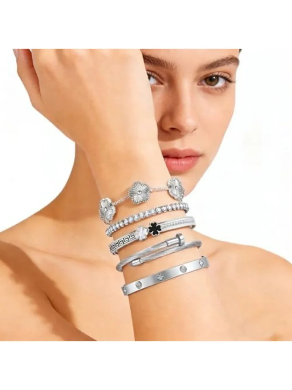 Trendy Silver Stackable Bangle Bracelets for Women - Non-Tarnish Clover Charm